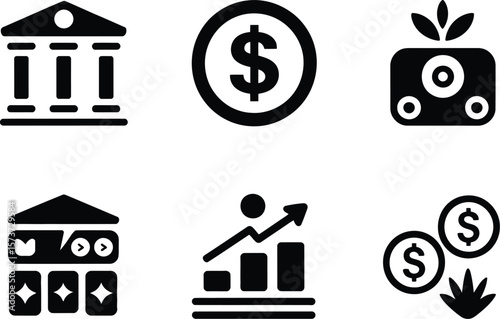 A collection of financial and growth related icons in black and white style