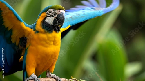 Close-up of a colorful macaw perched on a branch and spreading its wings