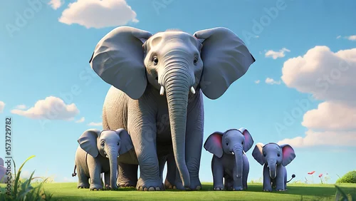Fototapeta 3D Cartoon Elephant Family Standing on Green Grass