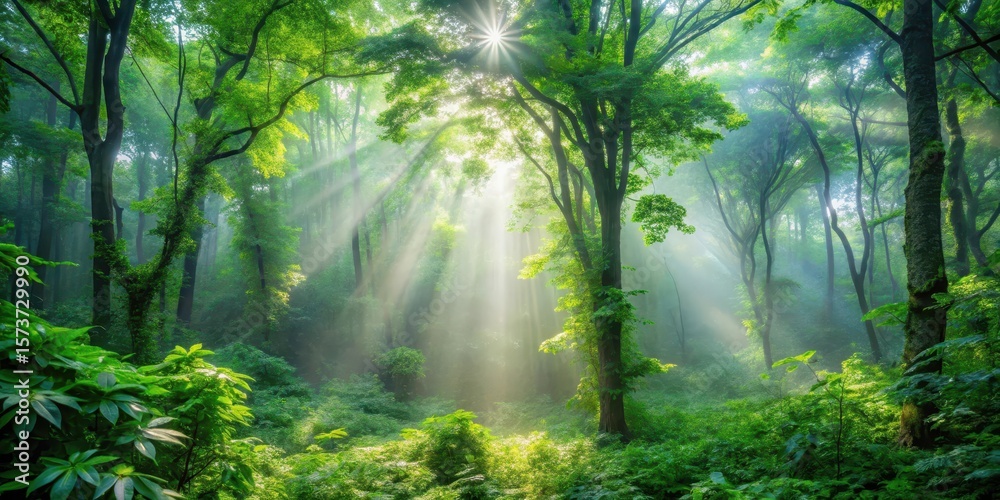 Fototapeta premium Dense foliage of green trees in a misty forest environment with sunlight filtering through the leaves