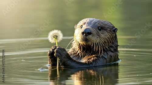 Wild otter holding a delicate dandelion seed head in its paws in the water