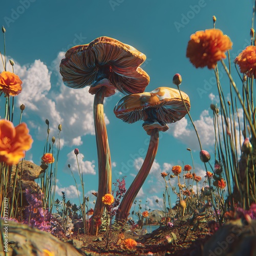 Fantasy Mushrooms in a Wildflower Meadow with Blue Sky and Clouds