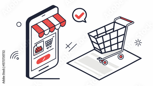 Online shopping mobile app with shopping cart isometric view for ecommerce and retail business  concept design