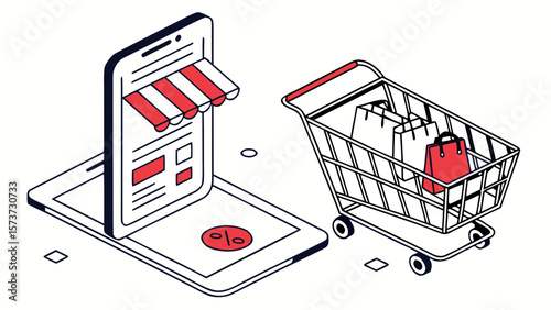 Isometric online shopping store on mobile phone with shopping cart for ecommerce business design