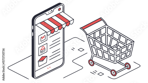 Isometric mobile online shopping store app with shopping cart for digital marketing and e commerce promotion