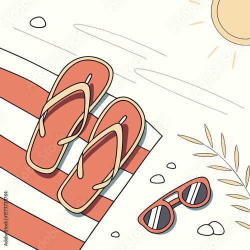 Summer beach vacation scene with flip flops sunglasses towel and sun for travel and holiday vibes