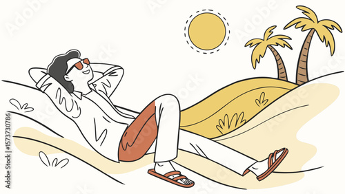Man relaxing on beach vacation enjoying summer sun and palm trees in tropical paradise drawing illustration