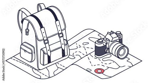 Adventure travel planning with backpack camera and map for hiking and outdoor exploration trip preparation