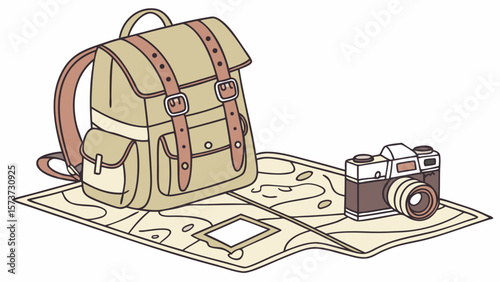 Vintage travel photography gear: backpack, camera, and map for adventure and exploration planning trip 100