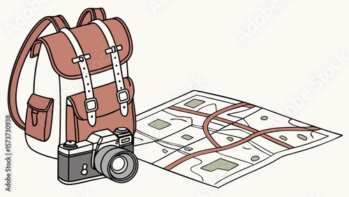 Travel essentials backpack camera and map for adventure vacation planning and photography trip concept