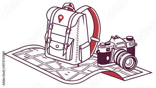 Travel adventure backpack camera map destination vacation photography tourism journey exploration holiday trip