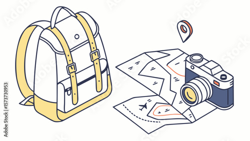 Travel essentials backpack camera map location pin for adventure vacation and tourism planning concept