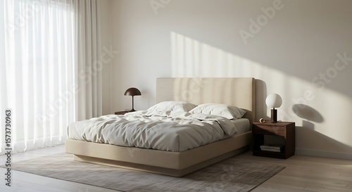 Beige Bed with White Linens in Bright Room with Window Light