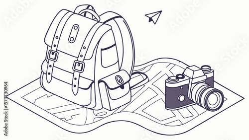Travel backpack adventure trip planning with camera and map for vacation and tourism concept design