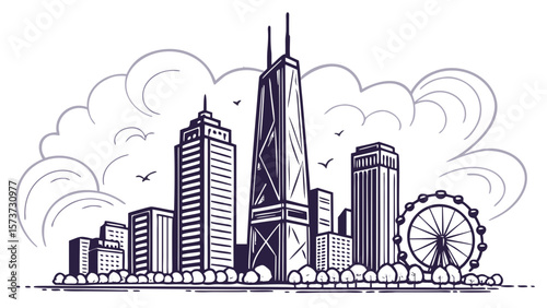 City skyline drawing of chicago cityscape with skyscrapers and ferris wheel vector illustration design