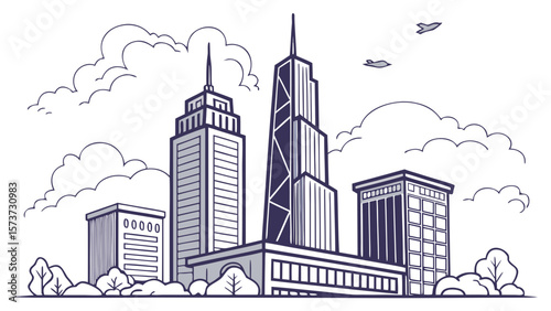 Cityscape skyline illustration with skyscrapers clouds and airplanes vector architectural design 100