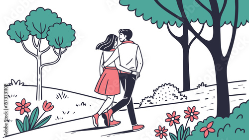Couple walking in park illustration vector art romantic outdoor scene love relationship trees flowers nature