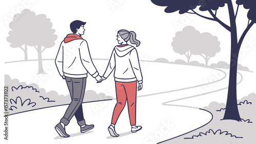 Couple walking outdoor illustration, romantic walk in nature, park scene, relationship goals, love in nature, vector art