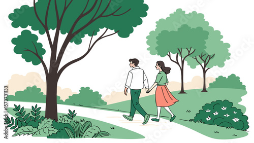 Couple walking in park illustration vector graphic design for nature love and outdoor activities concept art vector