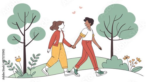 Couple walking in nature holding hands vector illustration for love romance relationship and outdoor activities