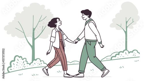 Couple walking in park holding hands vector illustration for love and relationship concept design asset vector