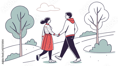 Couple walking in park illustration vector romantic outdoor scene love relationship happy together nature stroll