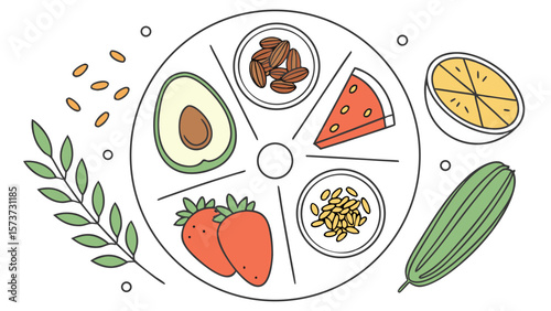 Healthy eating plate with fresh fruits vegetables nuts and seeds diet plan for balanced nutrition is shown