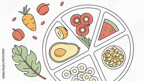 Healthy balanced plate concept with fruits vegetables protein and grains for diet and nutrition planning