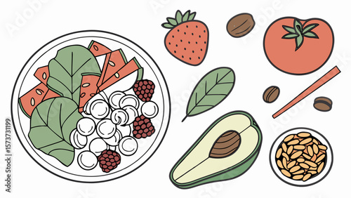 Healthy eating salad bowl with fresh fruits and vegetables for diet and nutrition concept design vector
