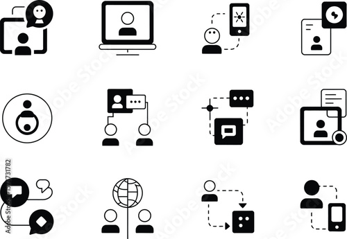 Collection of black and white communication and connection related icons
