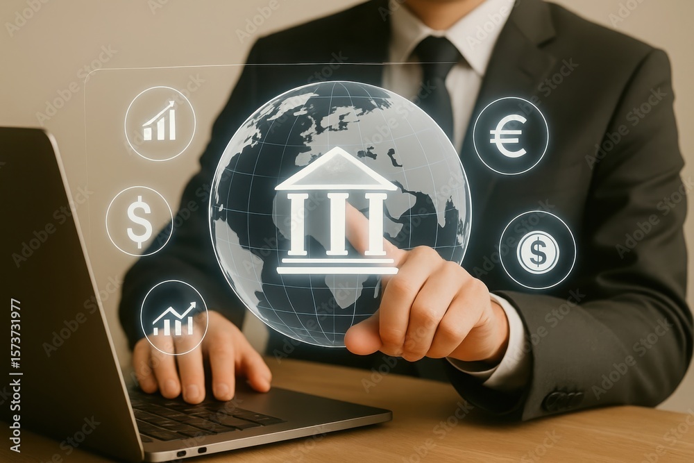 Naklejka premium A businessman uses his laptop to interact with a digital globe and financial icons, symbolizing global finance and banking