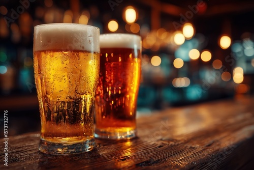 Festive Craft Beer Celebration: Two Golden Pints with Creamy Foam on Bar Counter, Bokeh Lights Background