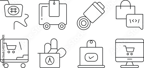 Eight line art icons depicting online shopping and e commerce concepts shown