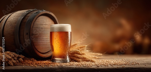 Warm Festive Beer Celebration: Wooden Barrel with Wheat and Hops Beside Oversized Foamy Glass on Grainy Table Background