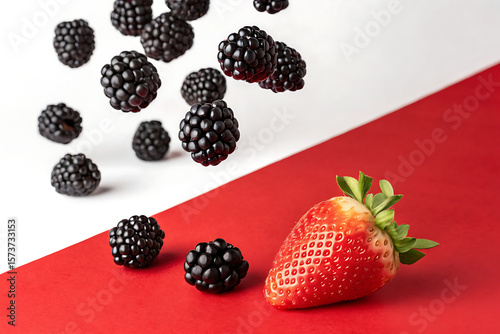 levitating blackberries white red background shot