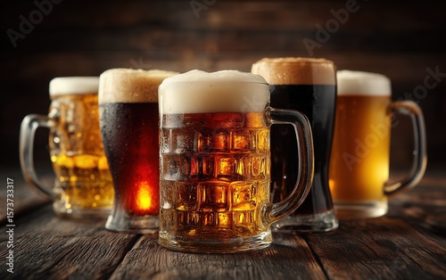 Craft Beer Diversity Display: Assorted Foamy Mugs on Wooden Table for Pub Promotions, Beer Festival Posters and Menu Design
