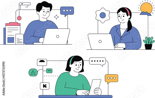 Illustration of three people working remotely with laptops and tablets