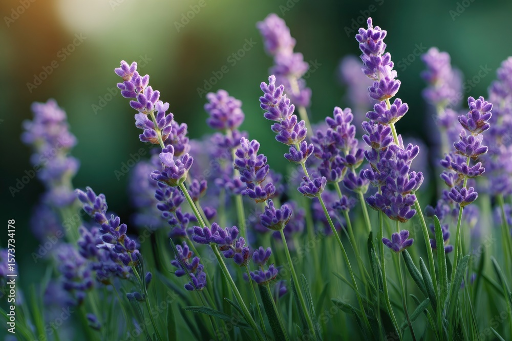 Obraz premium Lavender flowers rise with slender stems against a blurred green backdrop in soft natural light