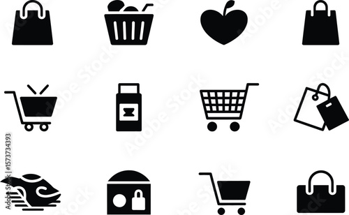 Collection of shopping related icons including bags carts and other symbols