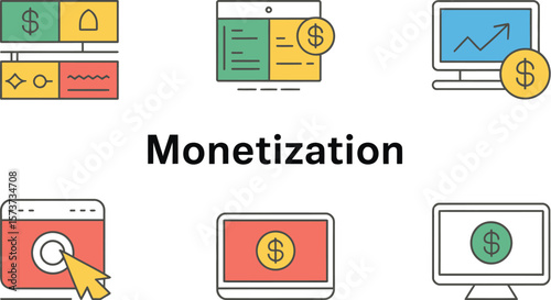 Illustrations depicting monetization strategies and financial growth online tools