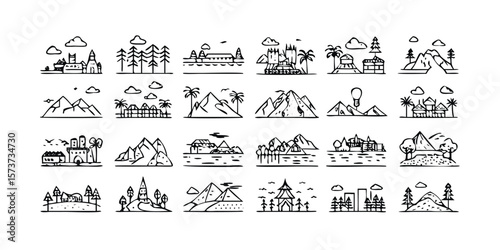 Mega Set of Landscape Line Icons A vector illustration featuring various landscape elements in a minimalist line art style suitable for environmental travel or nature