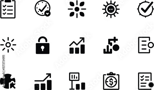 A collection of fifteen black and white business and finance related icons