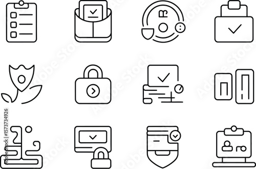 Collection of twelve different outline icons on a white background image
