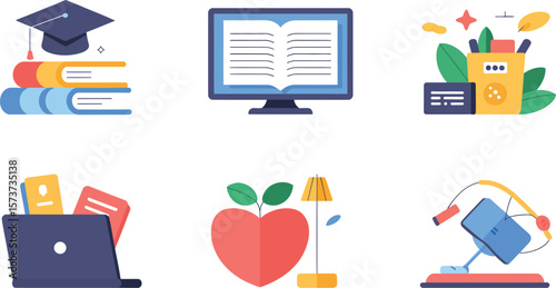 Flat vector illustration of education and learning icons on white background