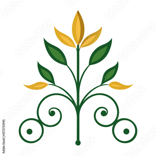 leaf shaped wrought iron fence in green and gold