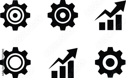 Icon set featuring gears and a bar graph with an upward trending arrow