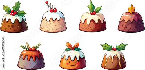 Set of Six Christmas Pudding Illustrations Isolated on White Background H D P N G Images Transparent Cutout Clipping Path Social Media Stock Pictures Bundle Download New Latest 2025