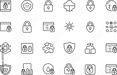 A collection of black and white security and protection related line icons