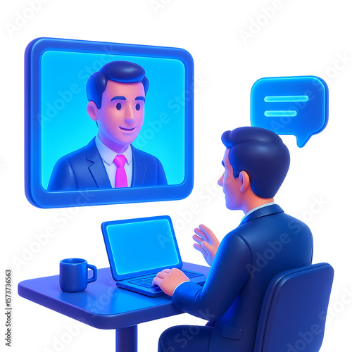3D illustration of virtual business meeting with professionals on video call, remote work communication, online collaboration, digital workspace, and corporate technology productivity concept