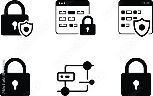 Collection of six black and white security related icons on white background